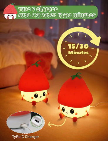 Two cute mushroom-shaped night lights on a bed with a Type C charger and auto-off feature highlighted.