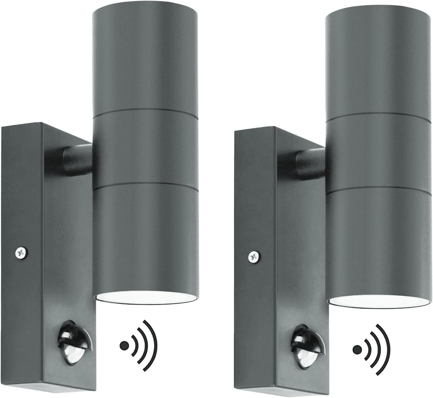 Two cylindrical outdoor wall lights with sensor icons on a white background