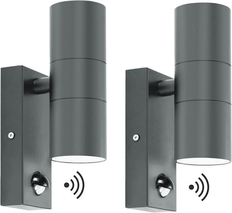Two cylindrical outdoor wall lights with sensor icons on a white background