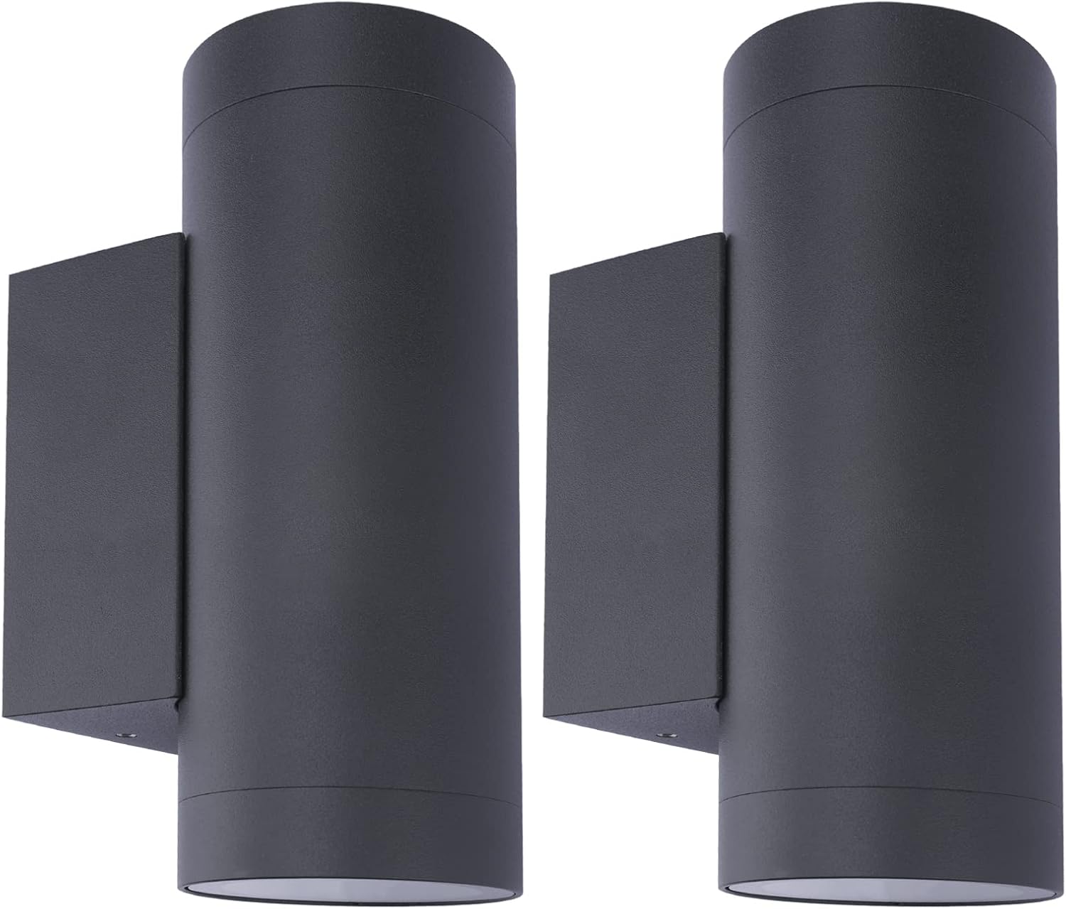 Two cylindrical outdoor wall lights on a white background
