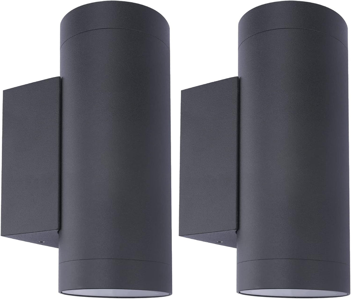 Two cylindrical outdoor wall lights on a white background