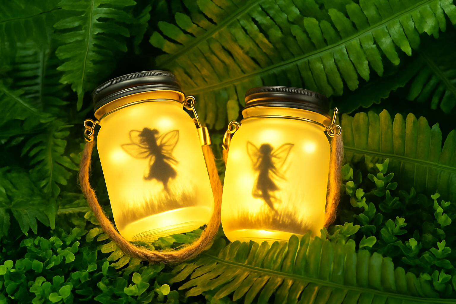 Two fairy-themed lanterns on a bed of green leaves