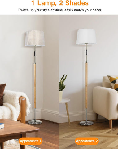 Two floor lamps with different shade appearances in a living room setting.