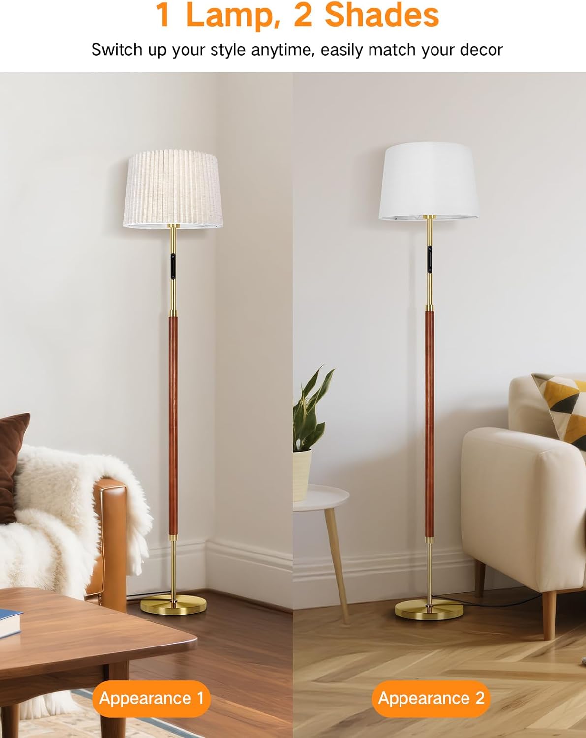 Two floor lamps with different shade appearances in a living room setting.