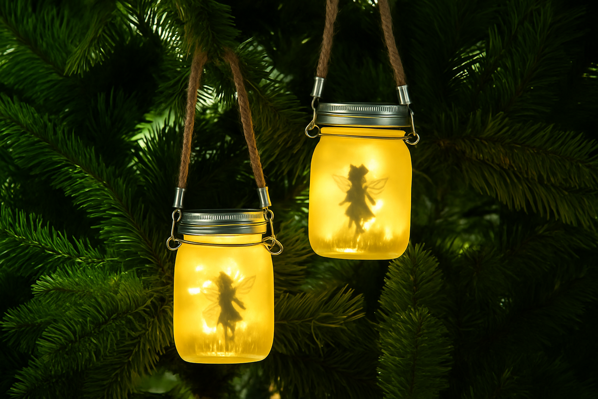 Two glowing mason jar lights hanging on a dark green leafy background