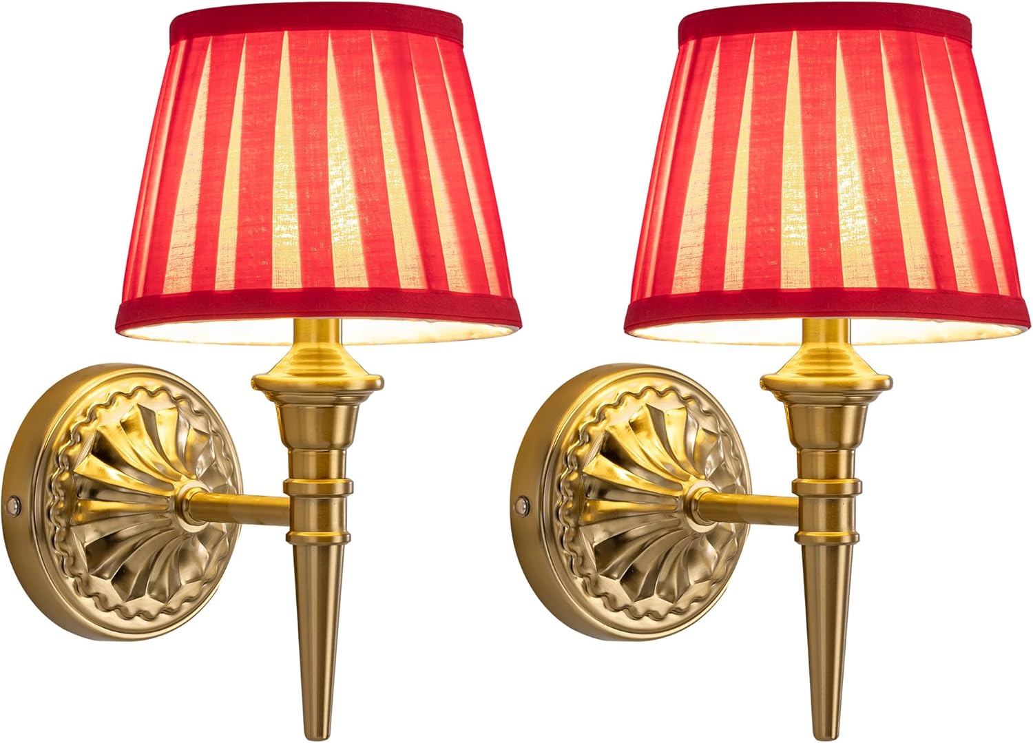Two gold wall sconces with red striped lampshades on a white background