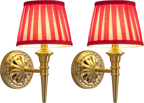 Two gold wall sconces with red striped lampshades on a white background