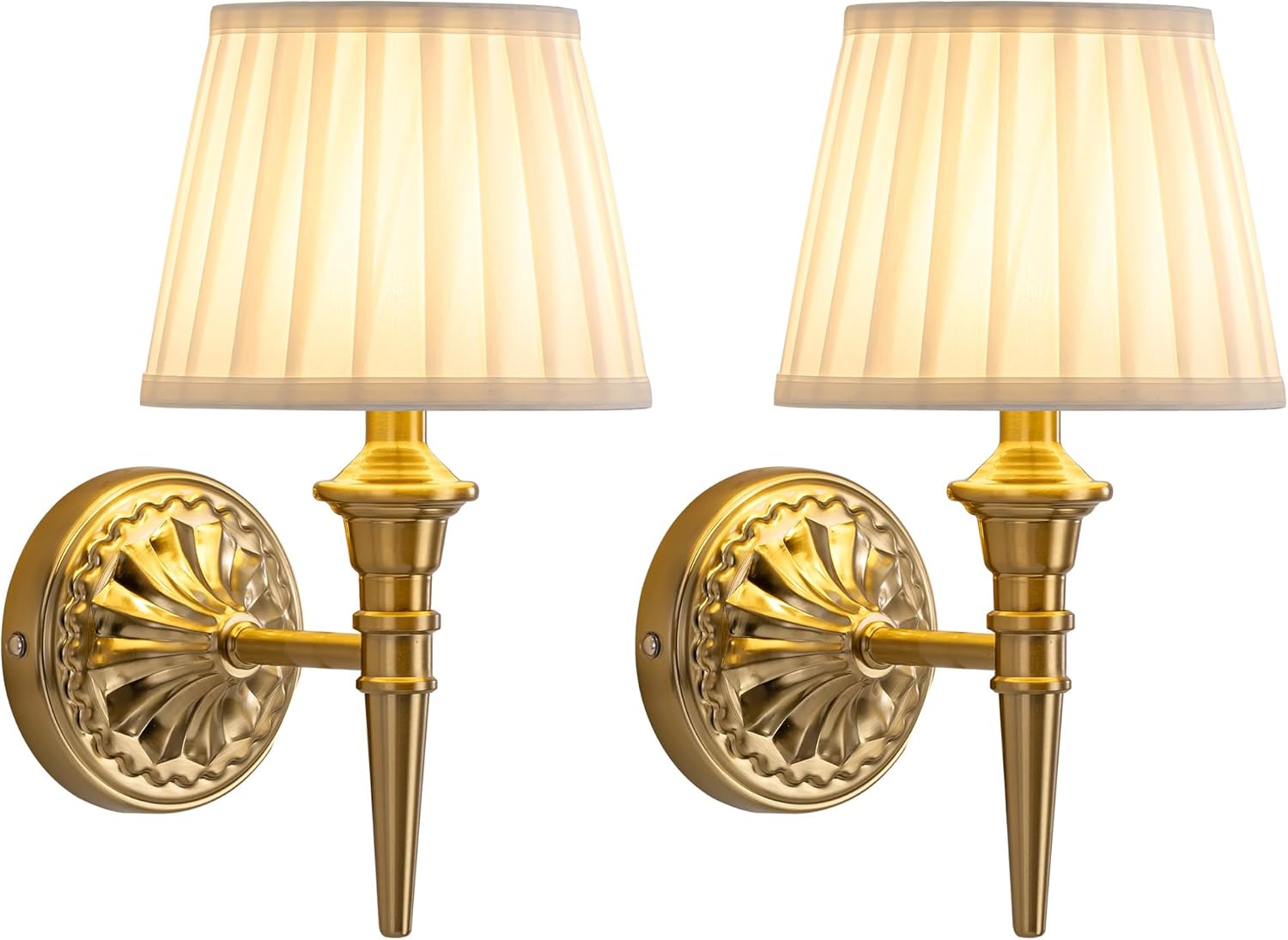 Two gold wall sconces with white lampshades on a white background