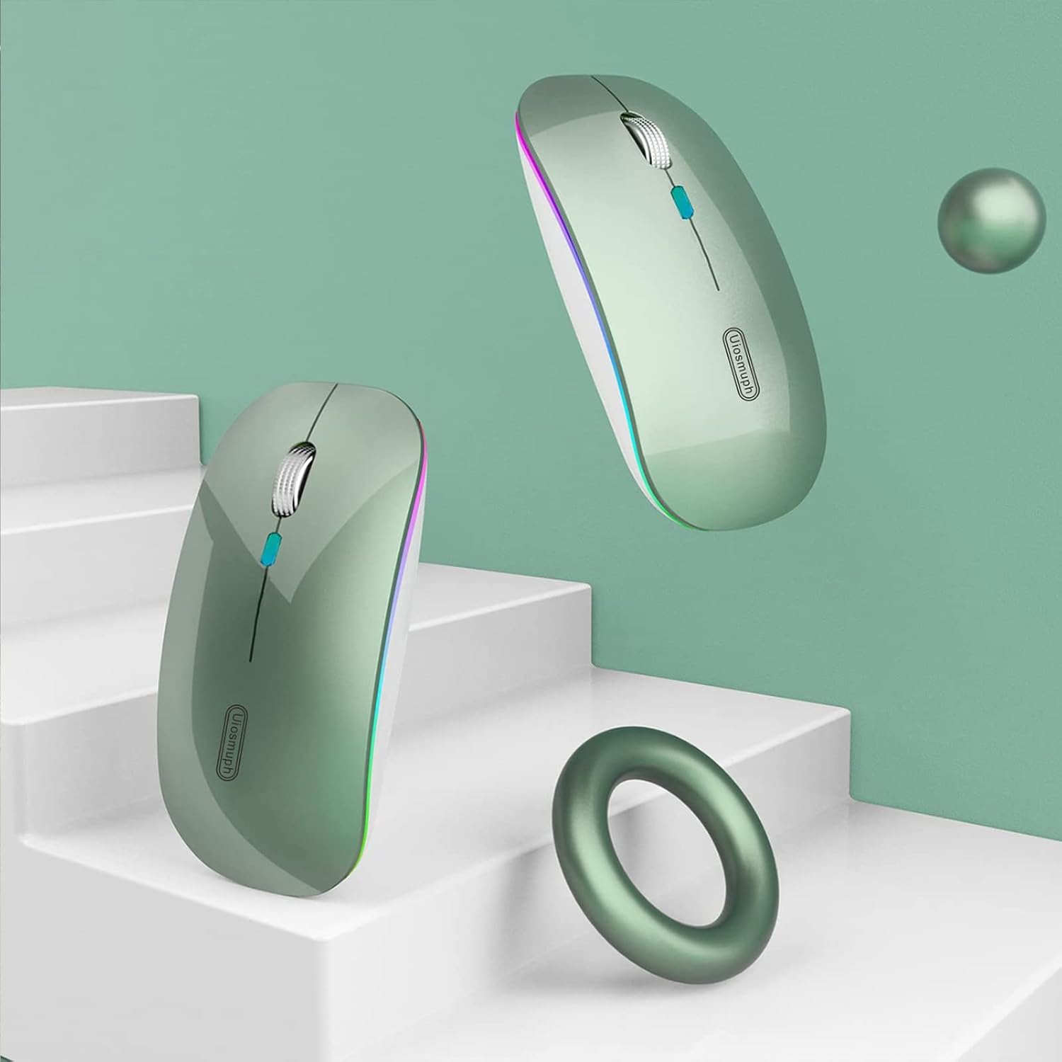 Two green wireless mice on a white platform with a light green background