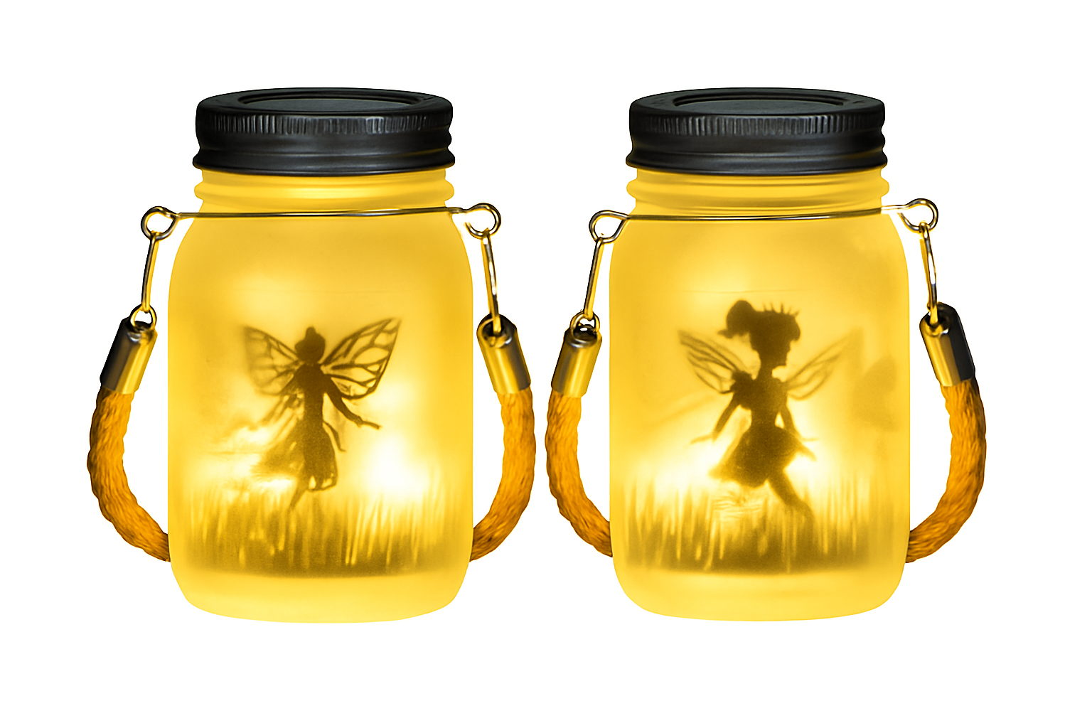Two illuminated mason jar lanterns with fairy silhouettes on a white background