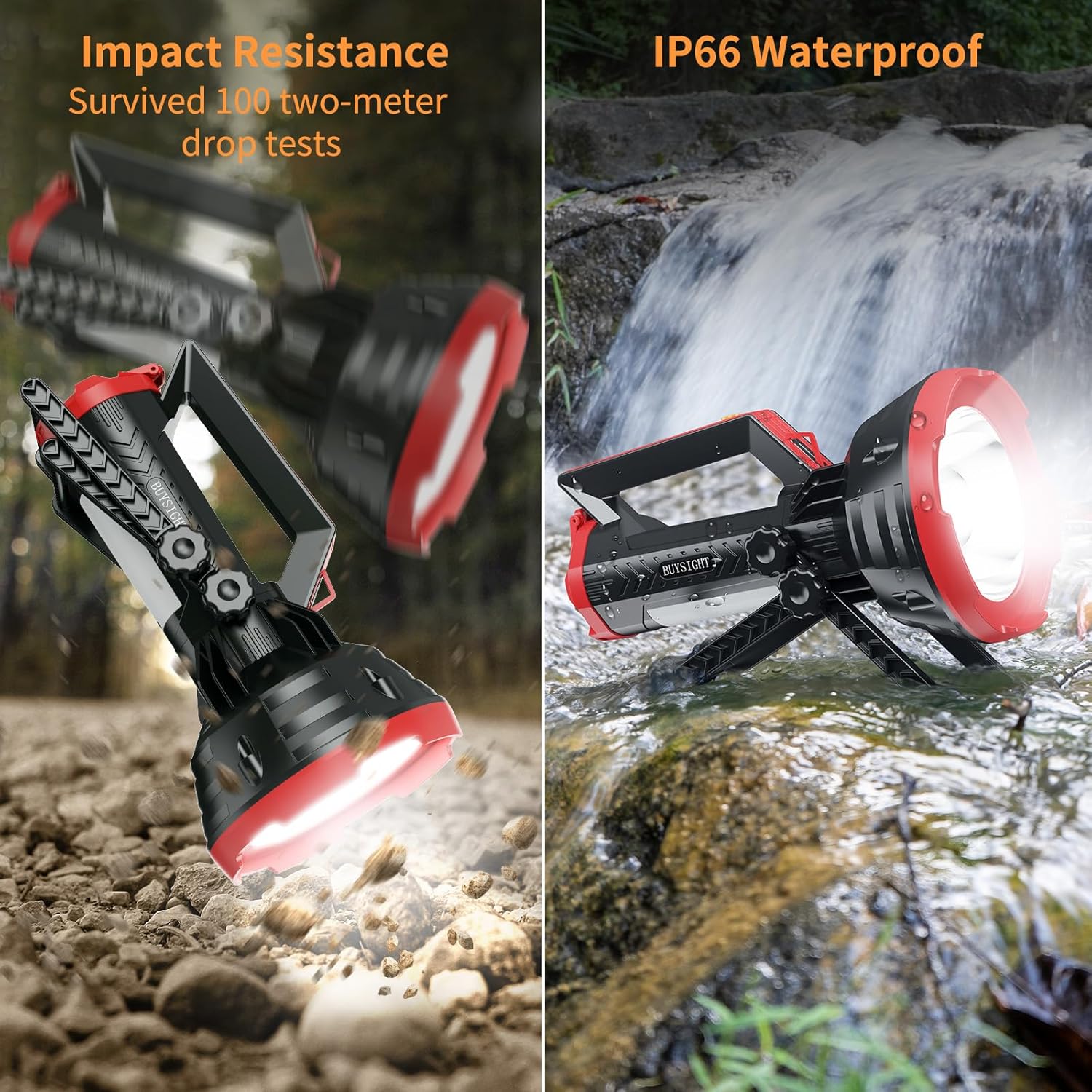 Two images of a flashlight with impact resistance and IP66 waterproof features. One image shows the flashlight on rocks, and the other shows it being used underwater.