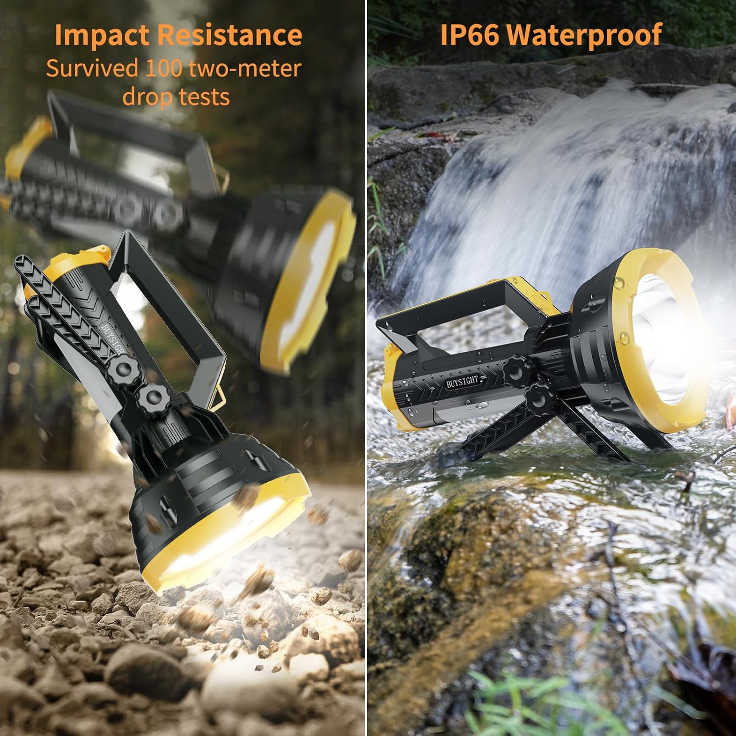 Two images of a flashlight with text about impact resistance and waterproof rating, one on rocks and one near water.
