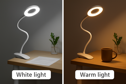 Two images of a flexible desk lamp on a table with white and warm light labels.