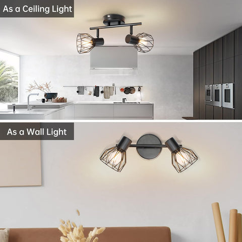 Two images showing a ceiling light fixture in a kitchen and a wall light fixture in a living room.
