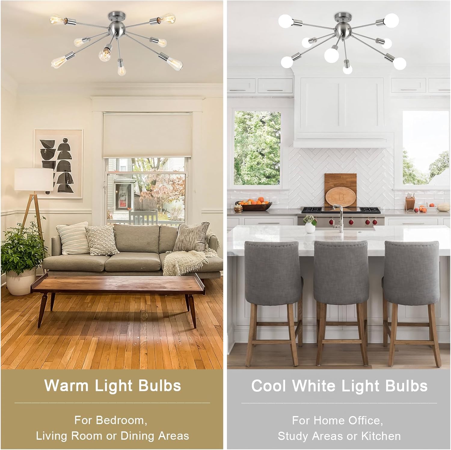 Two images showing a ceiling light fixture in a living room and kitchen with text indicating different light bulb types.