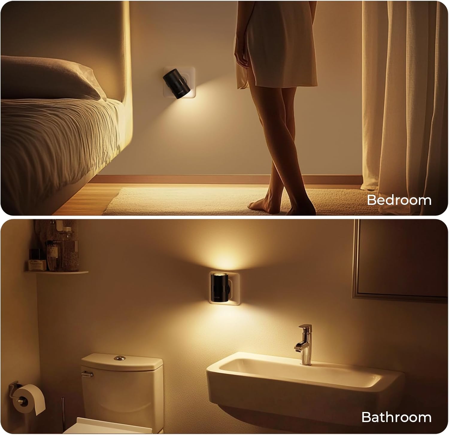 Two images showing a night light in a bedroom and bathroom setting.