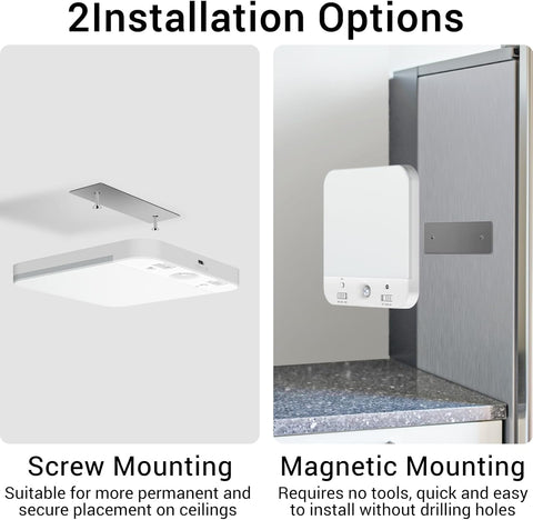 Two installation options for a light fixture with screw and magnetic mounting methods.