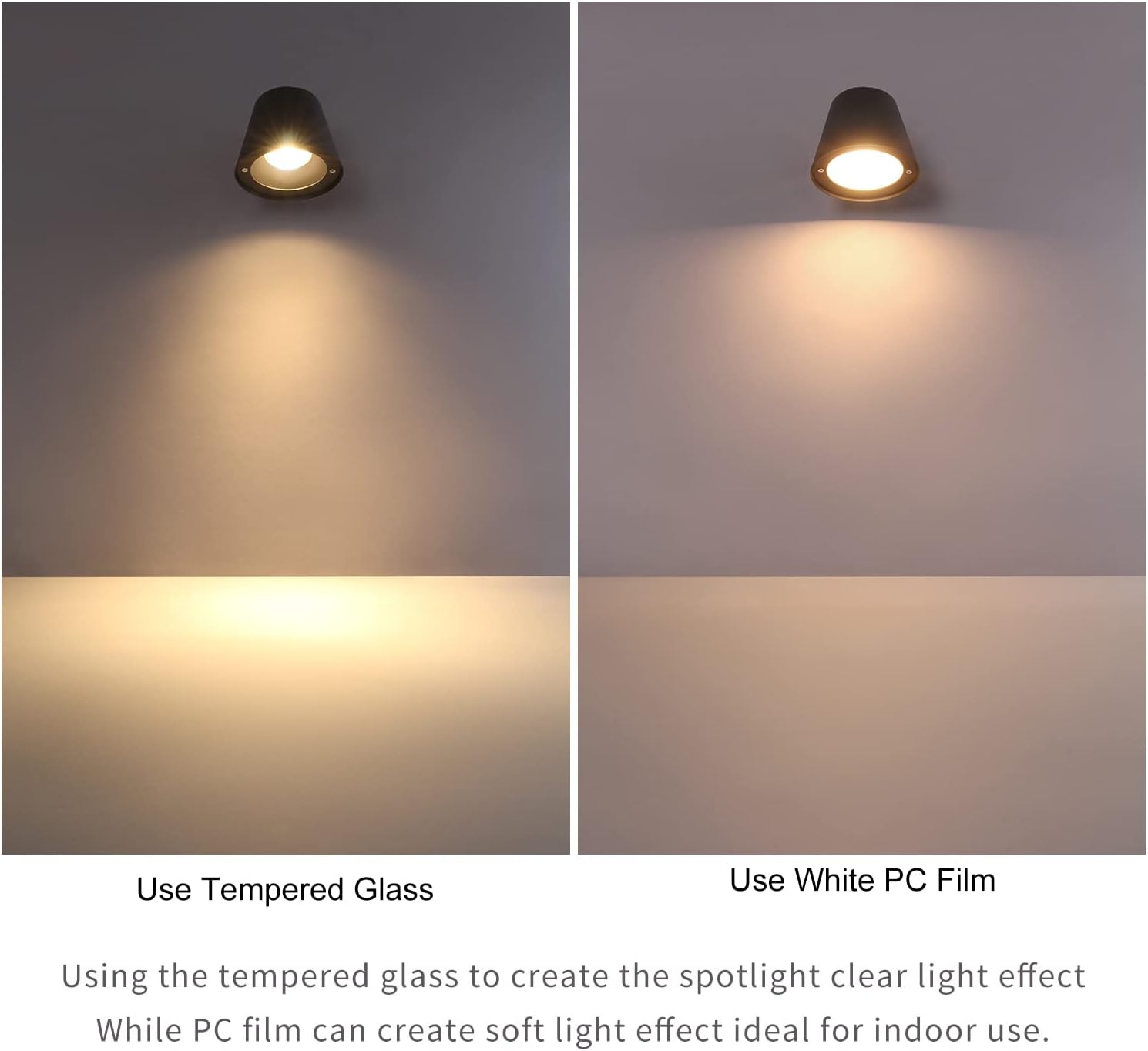 Two lighting effects demonstrated with tempered glass and white PC film on a wall.