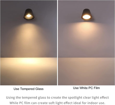 Two lighting effects demonstrated with tempered glass and white PC film on a wall.