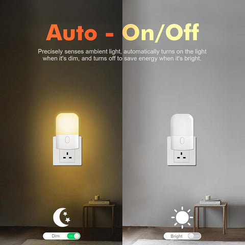 Two night lights with 'Auto On/Off' feature on a dark and light background.
