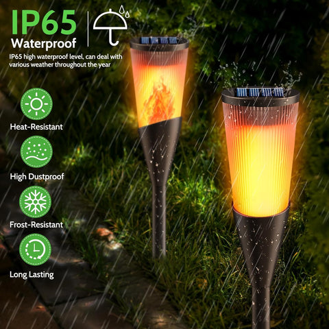 Two outdoor torch lights with waterproof rating and weather resistance features on a grassy background.
