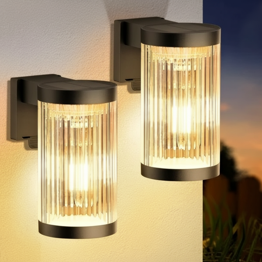 Two outdoor wall lights mounted on a wall with a sunset in the background.