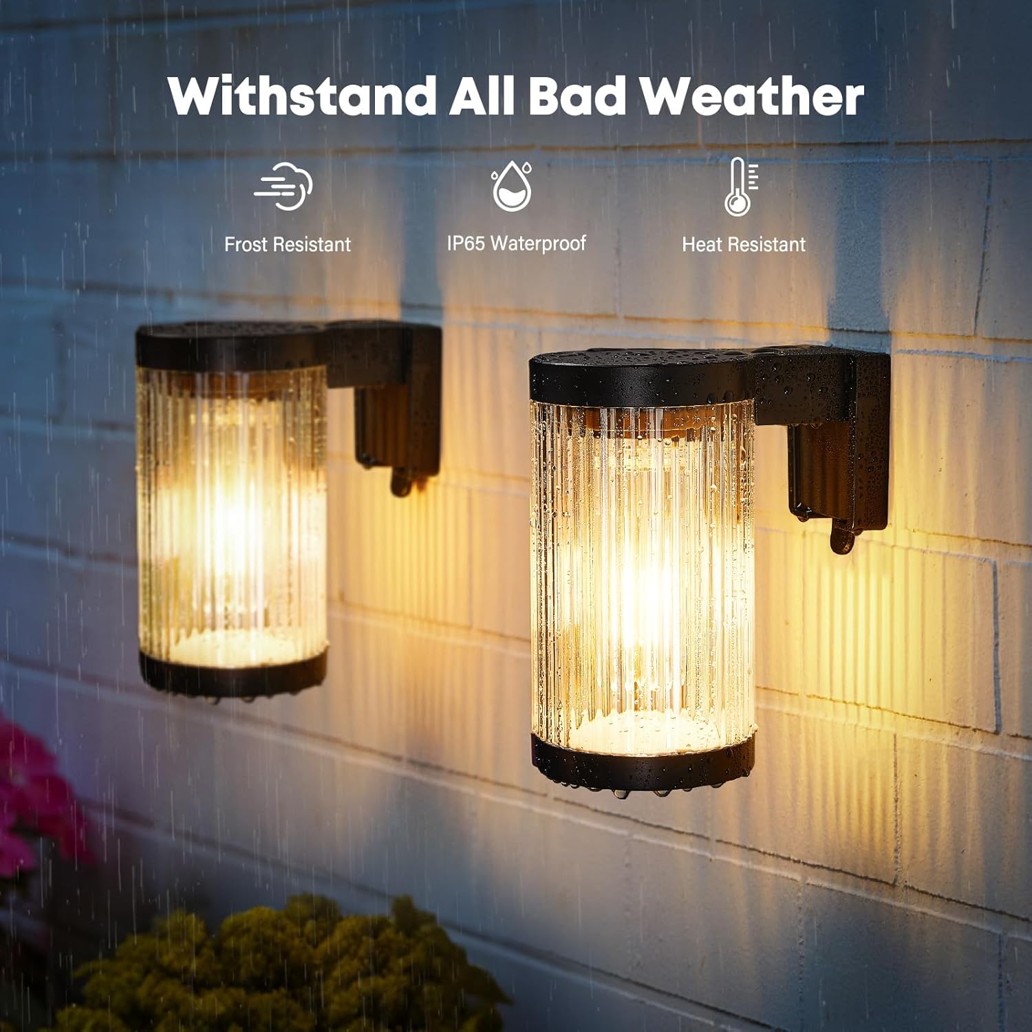 Two outdoor wall lights on a brick wall with weather resistance features displayed.