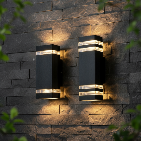 Two outdoor wall lights on a stone wall with a warm glow.