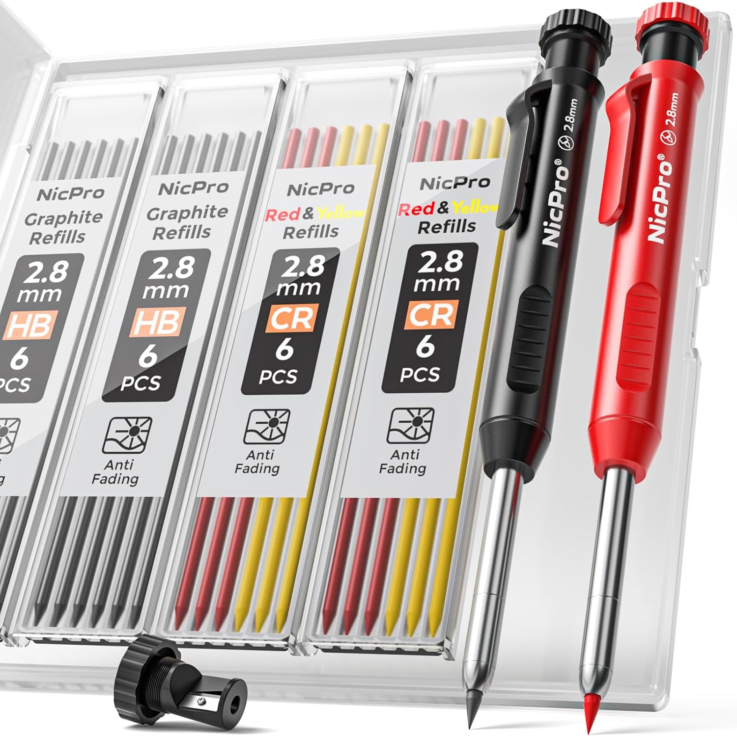 Two pens with red and black accents and NicPro graphite refills in a clear case.