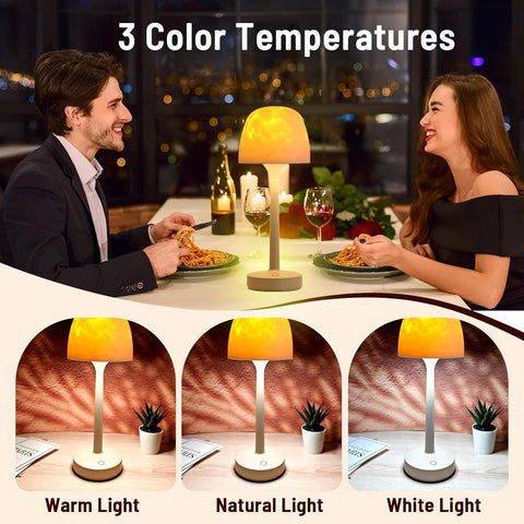 Two people enjoying a meal together with a table lamp showing three color temperature options.