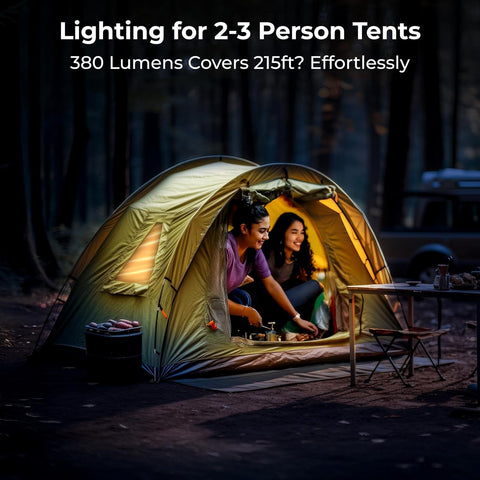 Two people inside a tent with lighting text overlay
