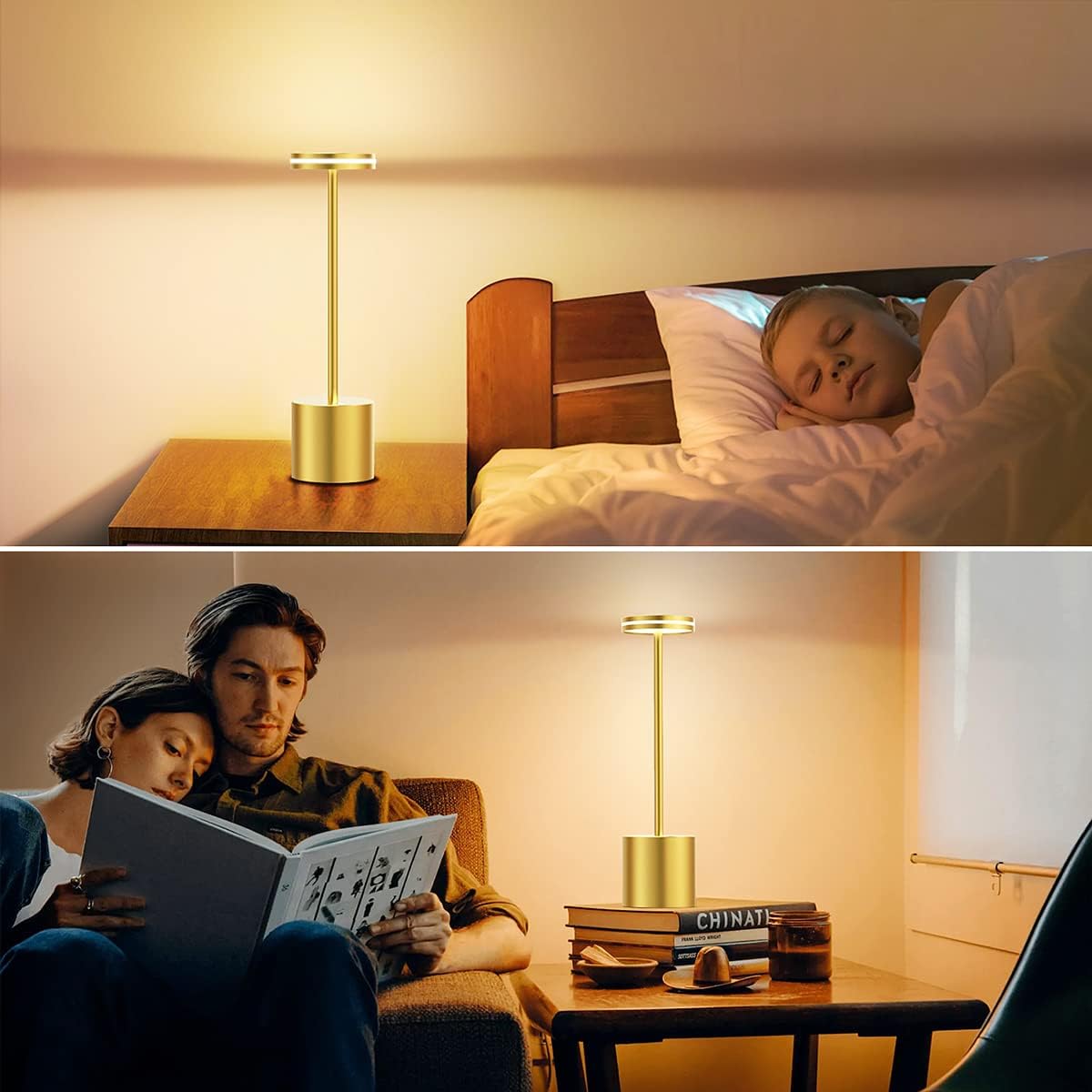 Two people reading a book together with a lamp on a table between them.