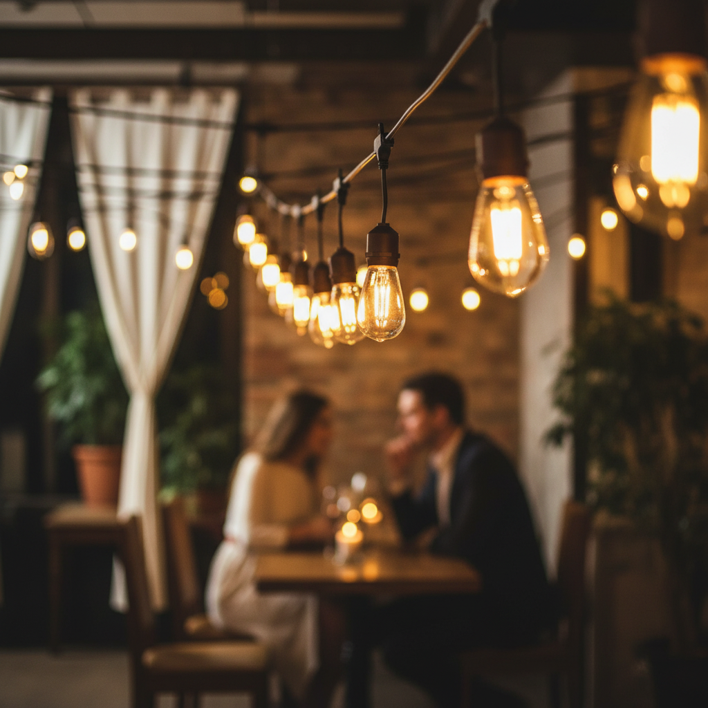 Two people sitting at a table in a cozy restaurant with string lights hanging above.