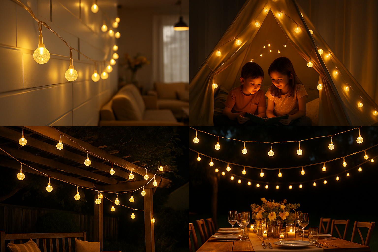 Two people under a string of lights in a cozy indoor setting.