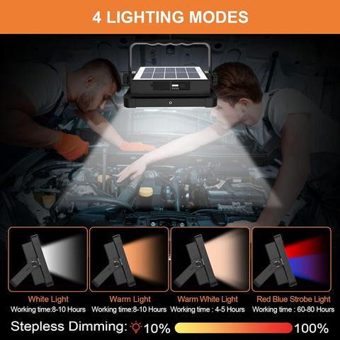Two people working on a car with a portable light source displaying different lighting modes.