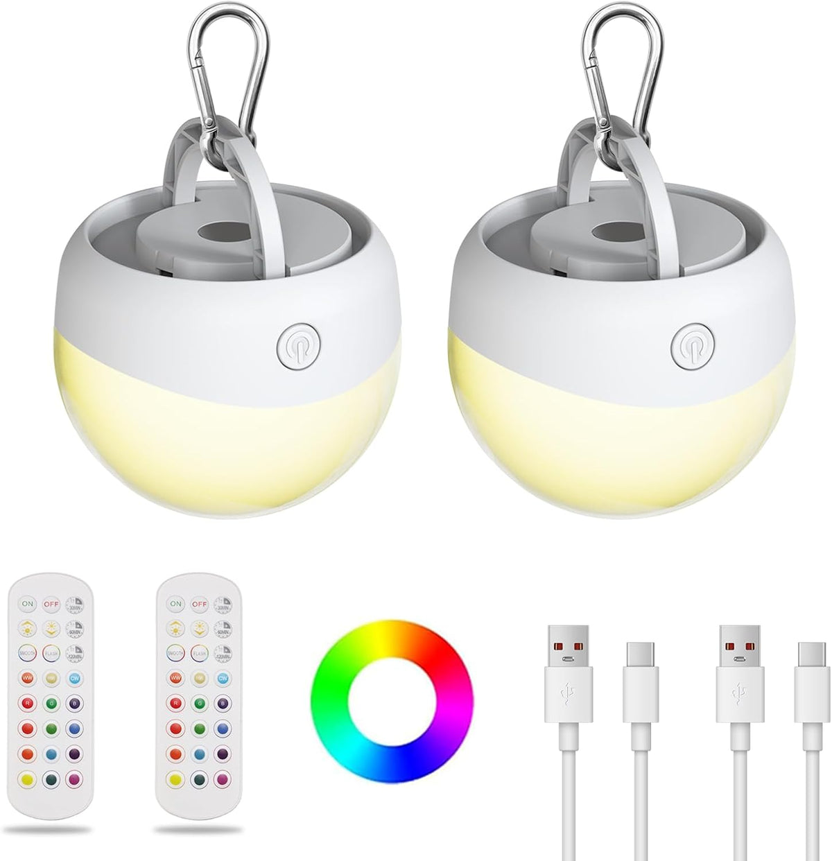 Two portable LED lights with remote controls and charging cables on a white background