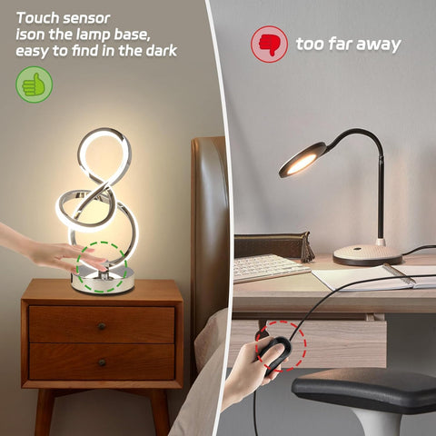 Two scenes of a lamp with touch sensor on a nightstand and desk, highlighting ease of use in different settings.