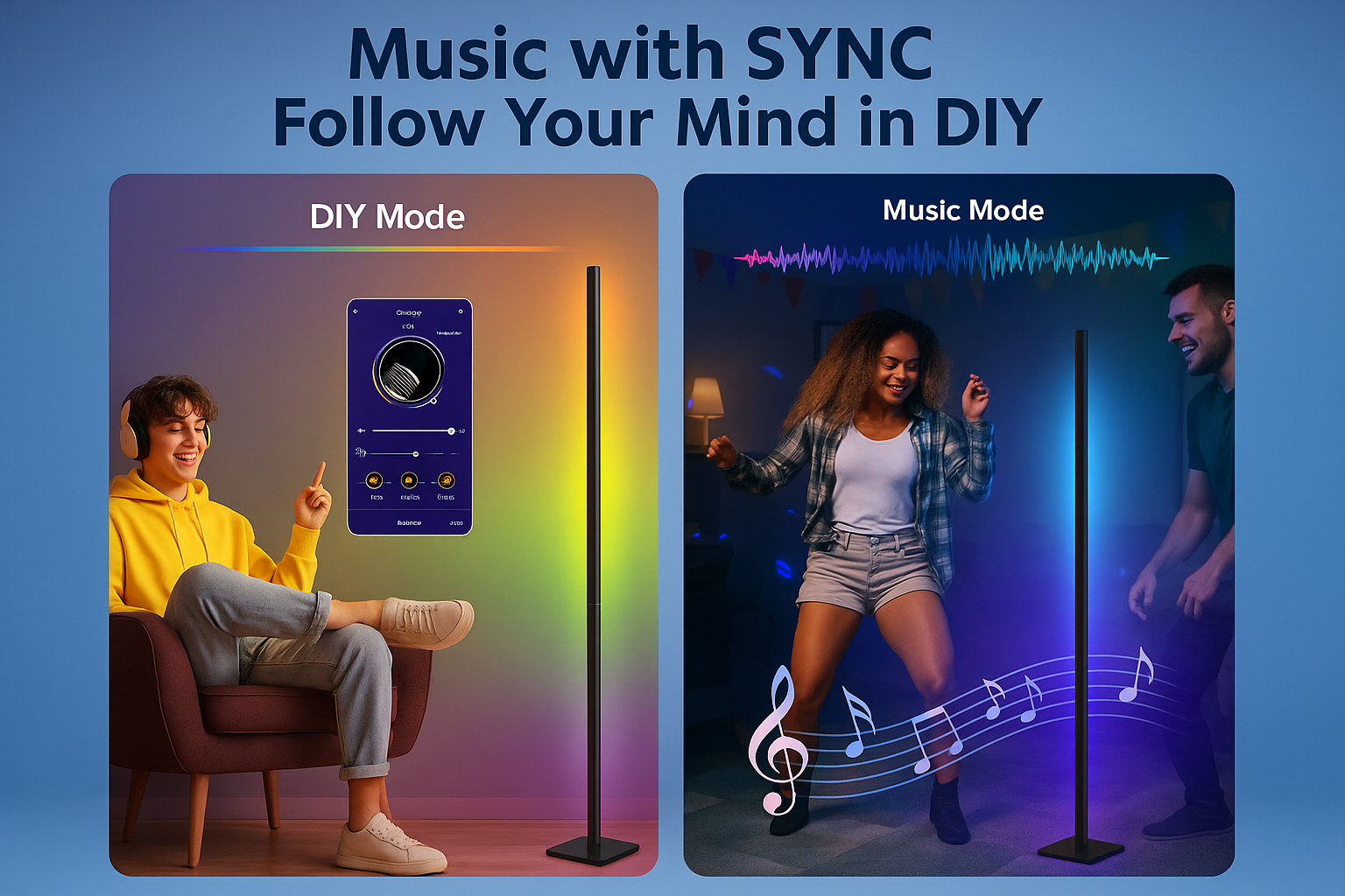 Two scenes showing a person in 'DIY Mode' and 'Music Mode' with a standing device, one with a person sitting and the other with a person dancing.