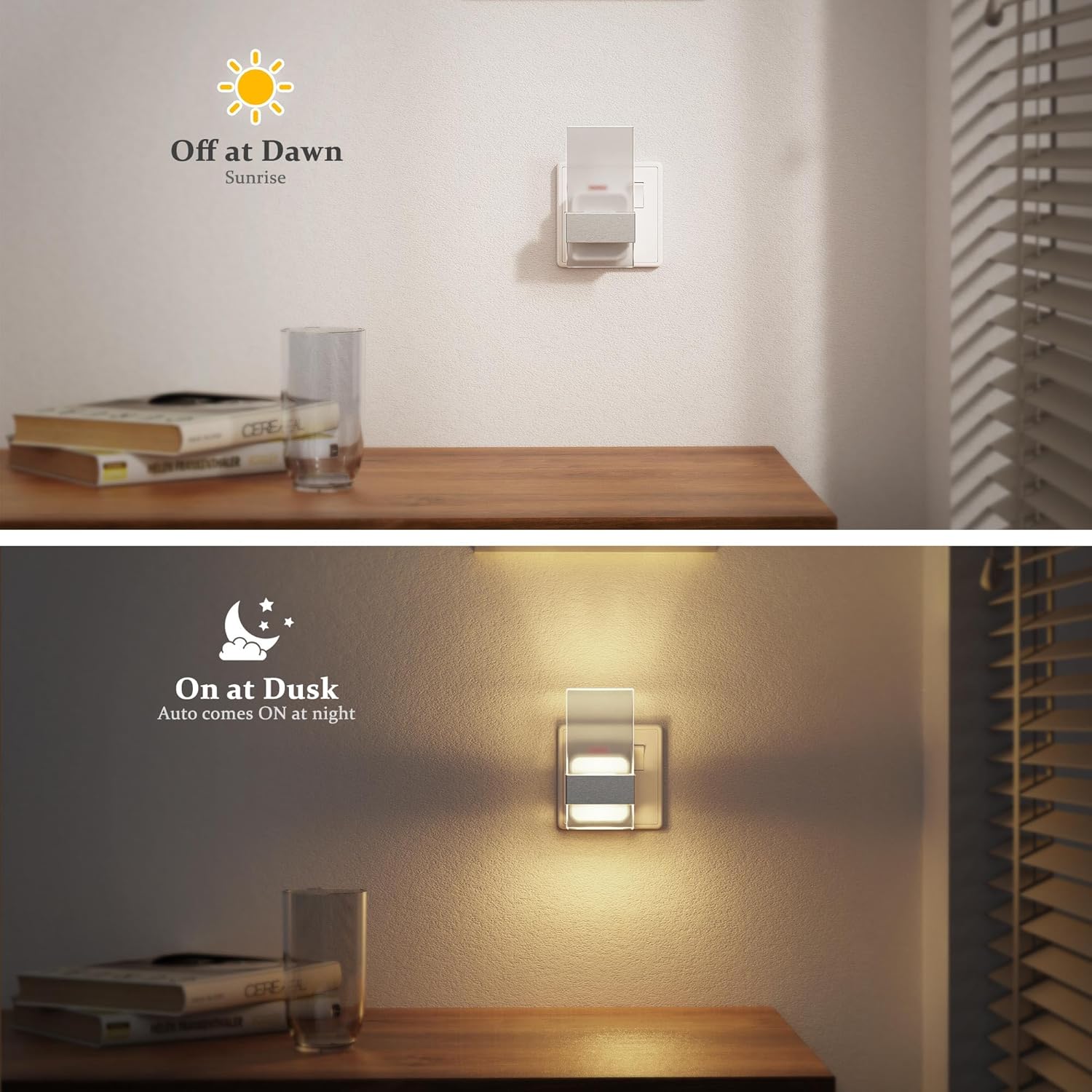 Two scenes showing a wall-mounted light switch labeled 'Off at Dawn' and 'On at Dusk'.