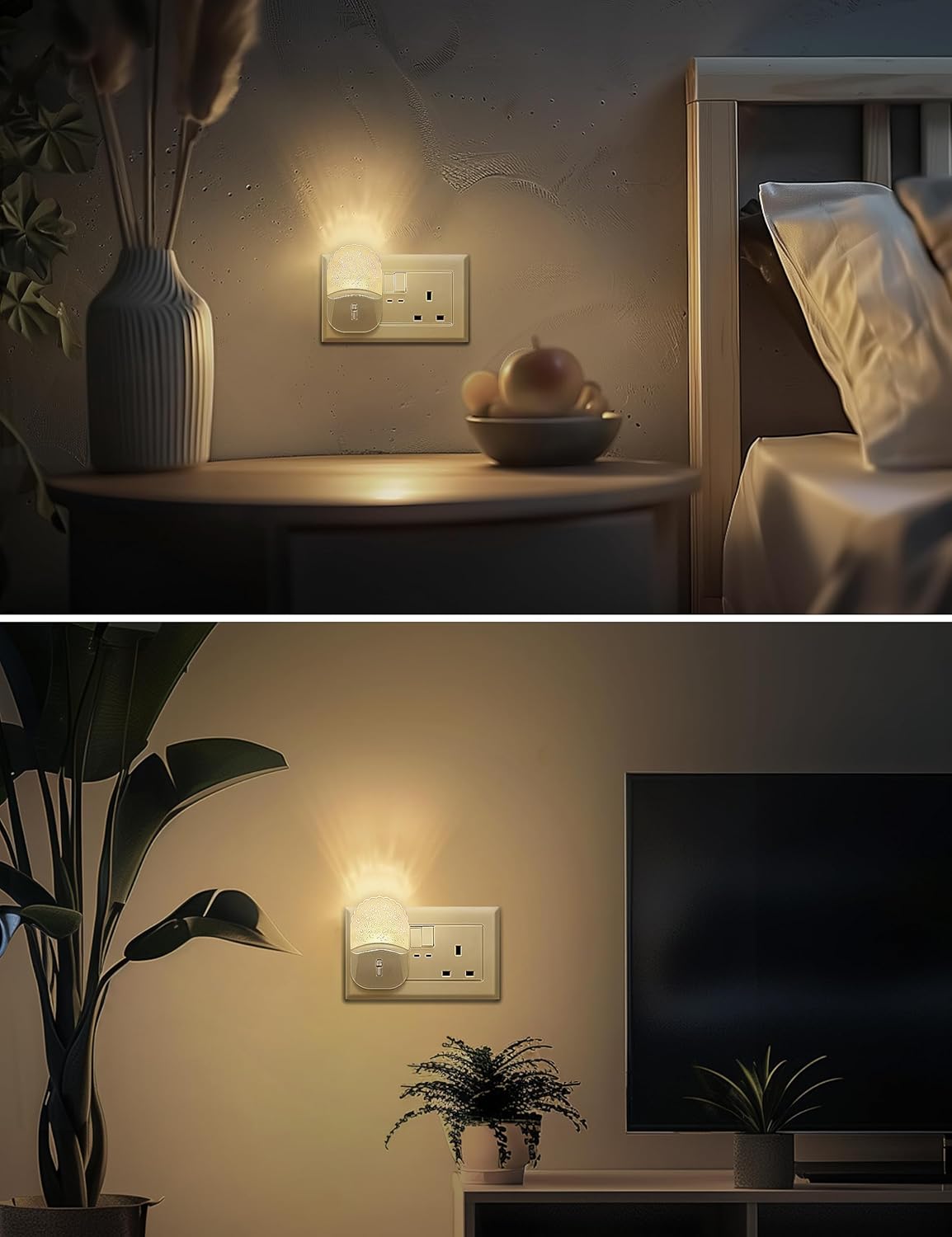 Two scenes showing a wall-mounted light switch with different backgrounds.