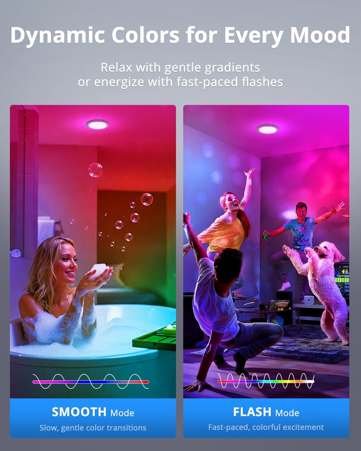 Two scenes showing dynamic lighting effects with text describing 'Smooth' and 'Flash' modes.