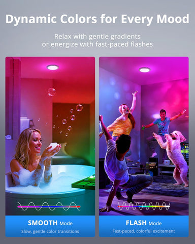 Two scenes showing dynamic lighting effects with text describing 'Smooth' and 'Flash' modes.