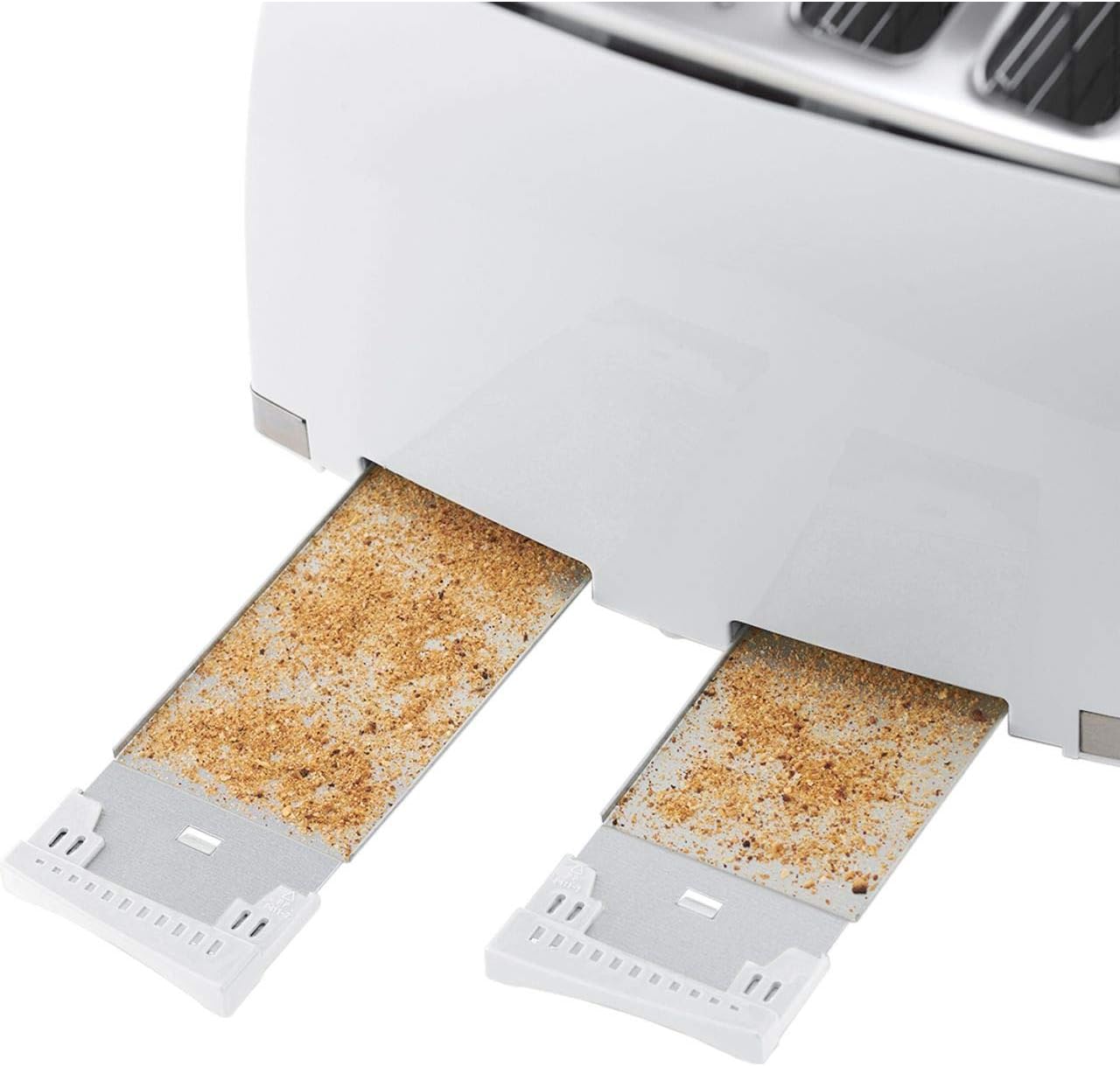 Two slices of bread with grill marks coming out of a toaster.