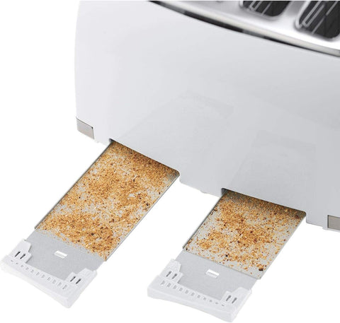 Two slices of bread with grill marks coming out of a toaster.