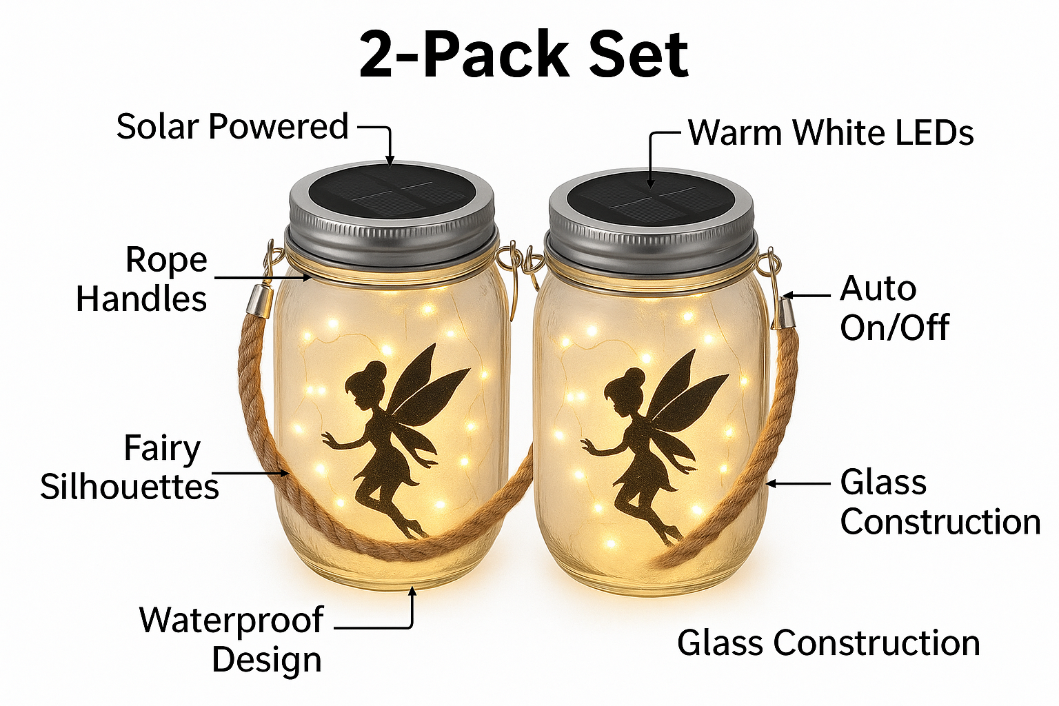Two solar-powered fairy-themed lanterns with features highlighted on a white background
