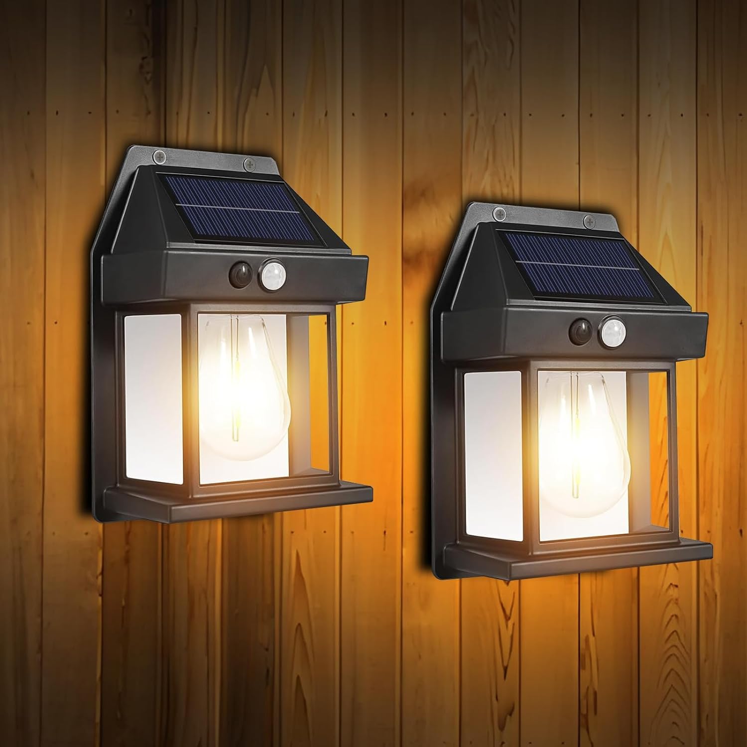 Two solar-powered outdoor wall lights on a wooden background