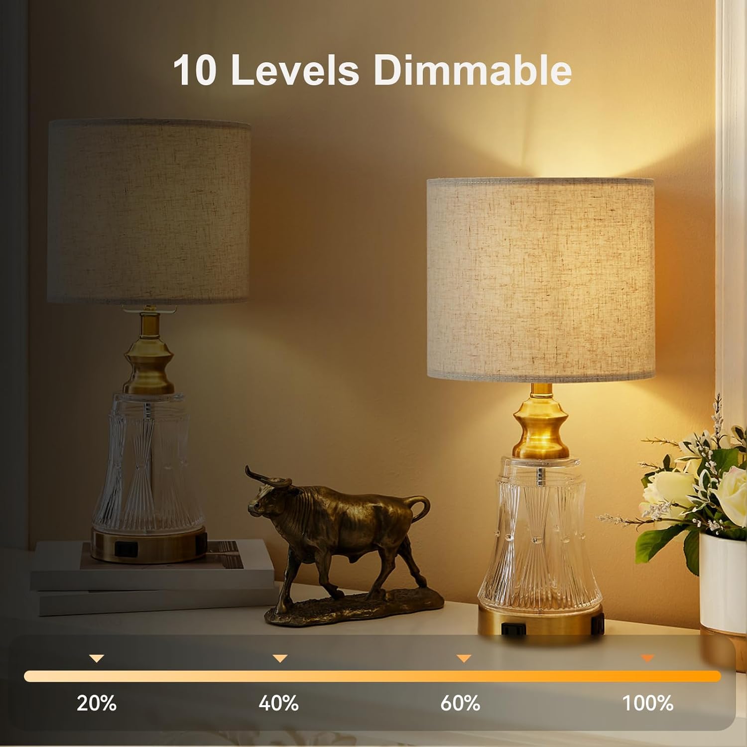 Two table lamps with a decorative bull statue on a shelf, one lamp dimmed to show 60% level.