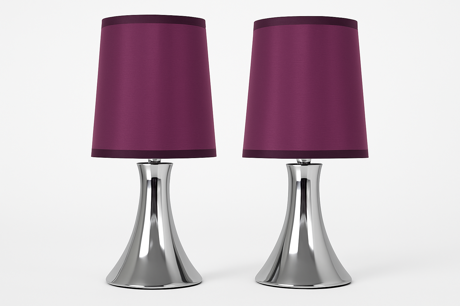 Two table lamps with purple shades and silver bases on a white background
