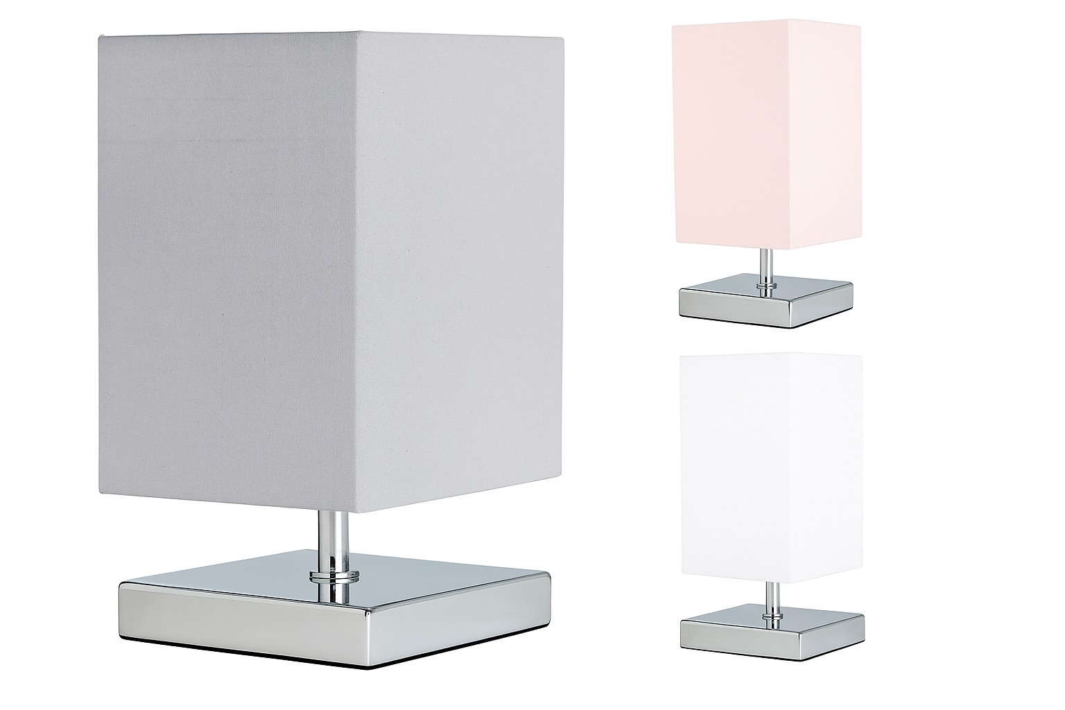Two table lamps with square shades, one gray and one pink, on a white background.