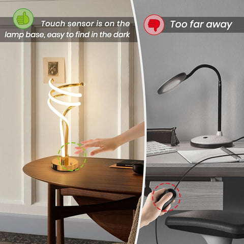 Two table lamps with text indicating the touch sensor location and distance.